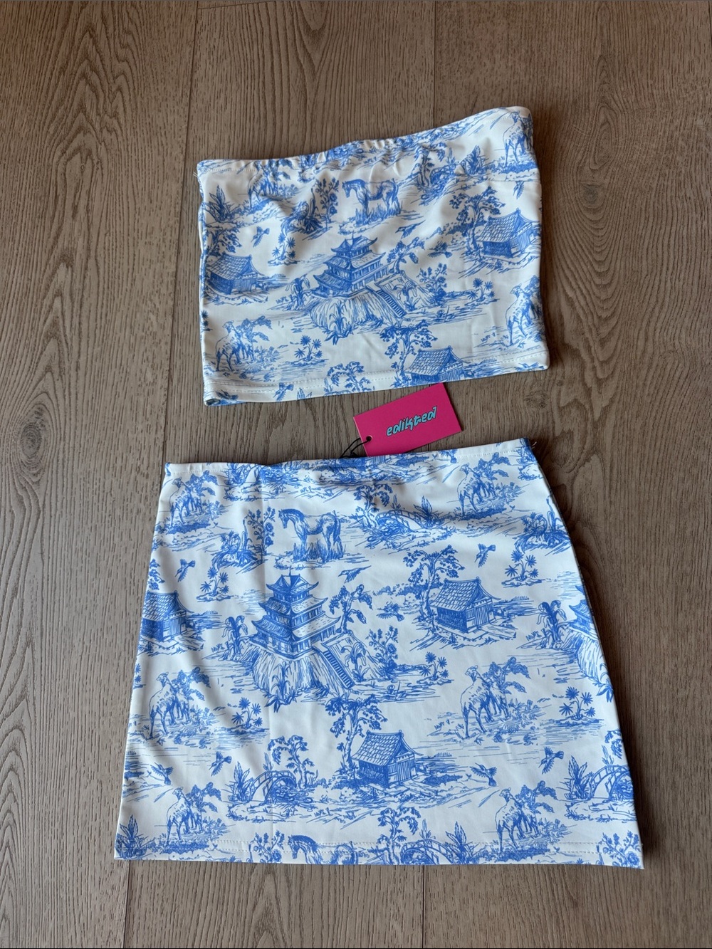 Edikted White and Blue Toile Mini Skirt Set